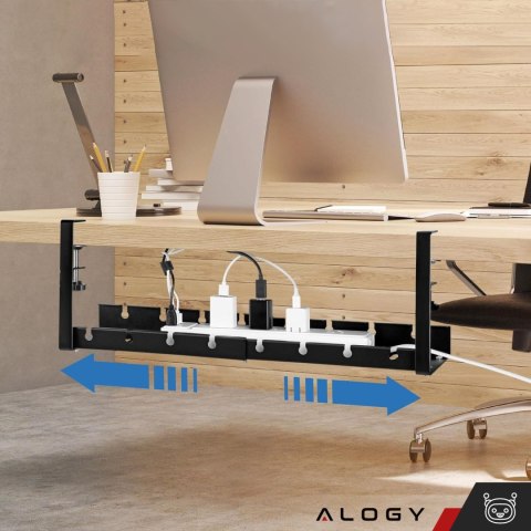Organizer kabli pod blat półka regulowana na kable listwe biurkowy aluminiowy uchwyt Alogy Czarny