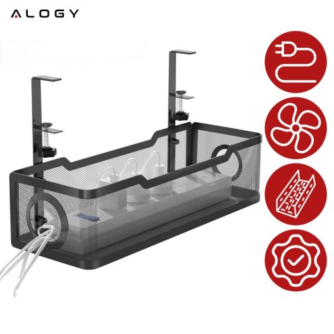 Organizer kabli pod blat półka na kable listwe przewody blat biurko biurkowy metalowy Alogy 34cm Czarny + 4 uchwyty na kable