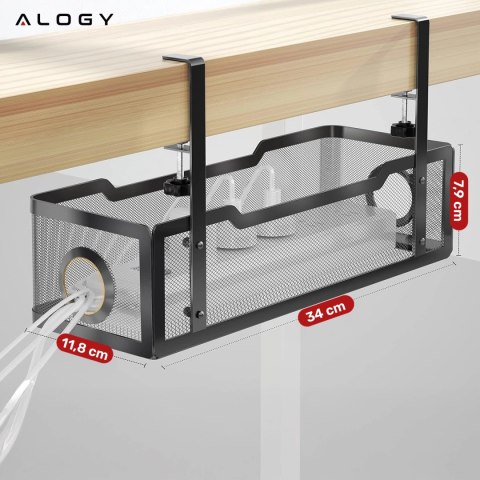 Organizer kabli pod blat półka na kable listwe przewody blat biurko biurkowy metalowy Alogy 34cm Czarny + 4 uchwyty na kable