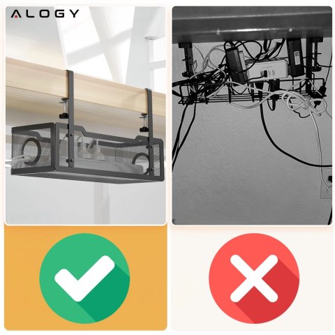 Organizer kabli pod blat półka na kable listwe przewody blat biurko biurkowy metalowy Alogy 34cm Czarny + 4 uchwyty na kable