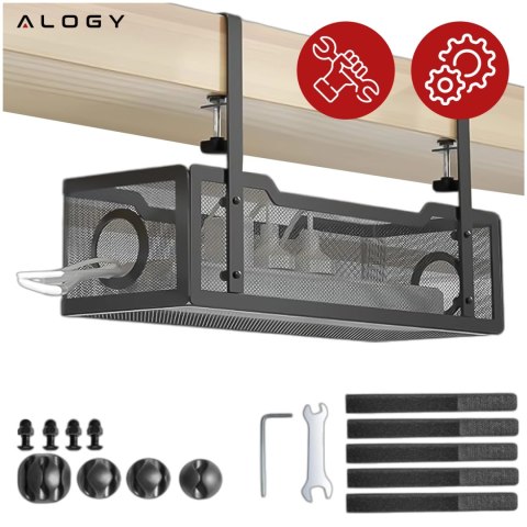 Organizer kabli pod blat półka na kable listwe przewody blat biurko biurkowy metalowy Alogy 34cm Czarny + 4 uchwyty na kable