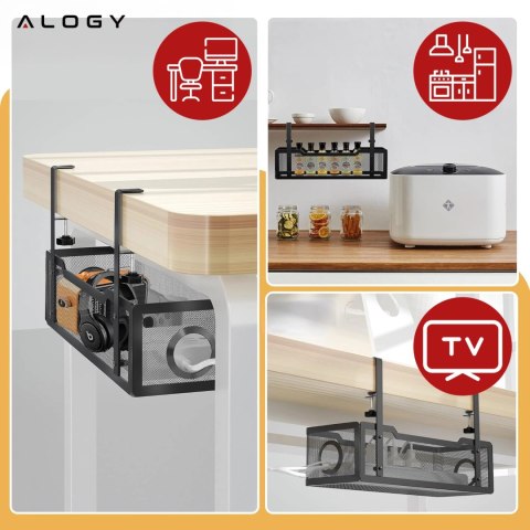 Organizer kabli pod blat półka na kable listwe przewody blat biurko biurkowy metalowy Alogy 34cm Czarny + 4 uchwyty na kable