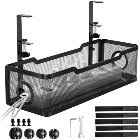 Organizer kabli pod blat półka na kable listwe przewody blat biurko biurkowy metalowy Alogy 34cm Czarny + 4 uchwyty na kable