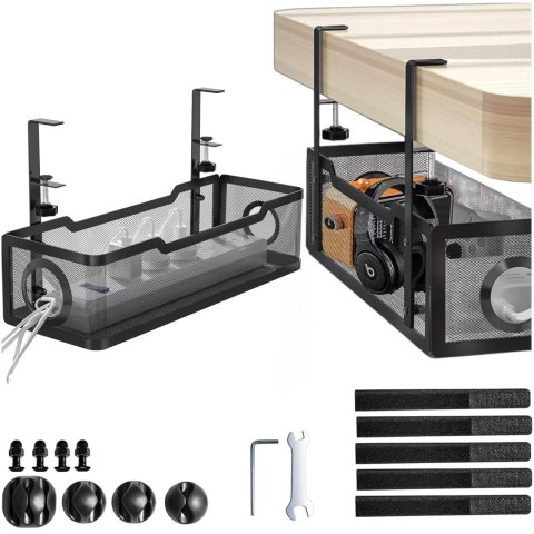 Organizer kabli pod blat półka na kable listwe przewody blat biurko biurkowy metalowy Alogy 34cm Czarny + 4 uchwyty na kable