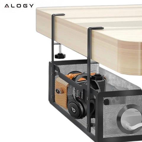 Organizer kabli pod blat półka na kable listwe przewody blat biurko biurkowy metalowy Alogy 34cm Czarny + 4 uchwyty na kable
