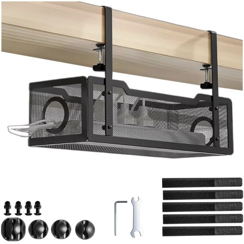 Organizer kabli pod blat półka na kable listwe przewody blat biurko biurkowy metalowy Alogy 34cm Czarny + 4 uchwyty na kable