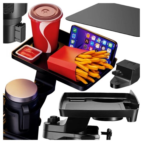 Uchwyt Samochodowy na Kubek i Butelkę Telefon z Obrotowym Stoliczkiem 360°, Mobilny Organizer 2w1, Alogy MultiUse Tray™ - Czarny