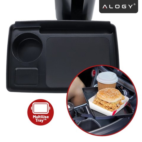 Uchwyt Samochodowy na Kubek i Butelkę Telefon z Obrotowym Stoliczkiem 360°, Mobilny Organizer 2w1, Alogy MultiUse Tray™ - Czarny