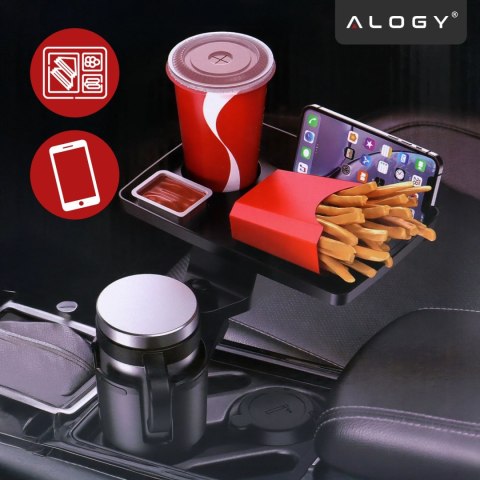 Uchwyt Samochodowy na Kubek i Butelkę Telefon z Obrotowym Stoliczkiem 360°, Mobilny Organizer 2w1, Alogy MultiUse Tray™ - Czarny