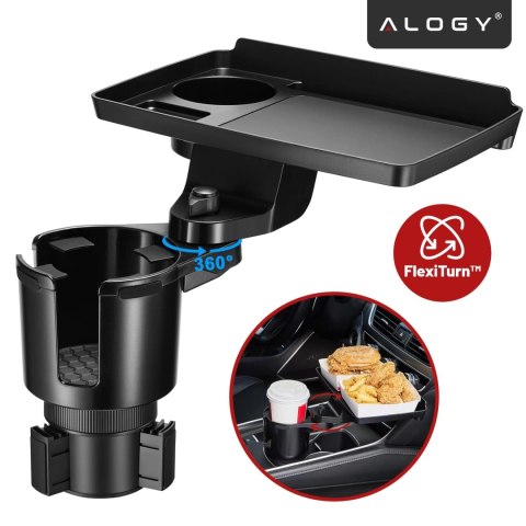 Uchwyt Samochodowy na Kubek i Butelkę Telefon z Obrotowym Stoliczkiem 360°, Mobilny Organizer 2w1, Alogy MultiUse Tray™ - Czarny