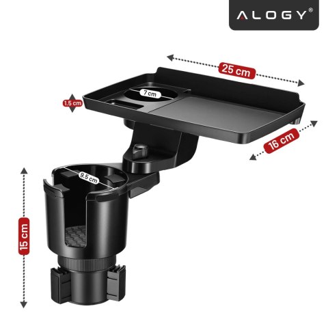 Uchwyt Samochodowy na Kubek i Butelkę Telefon z Obrotowym Stoliczkiem 360°, Mobilny Organizer 2w1, Alogy MultiUse Tray™ - Czarny