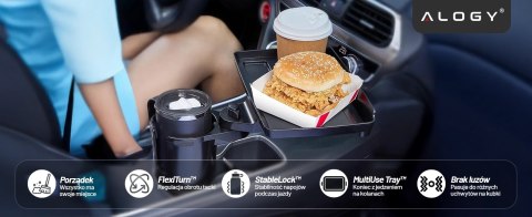 Uchwyt Samochodowy na Kubek i Butelkę Telefon z Obrotowym Stoliczkiem 360°, Mobilny Organizer 2w1, Alogy MultiUse Tray™ - Czarny