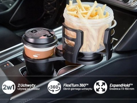 Uchwyt Samochodowy na Kubek i Butelkę, z Miejscem na Telefon Tablet, Regulowany 360° i Stabilny, montaż w miejsce na kubek w auc