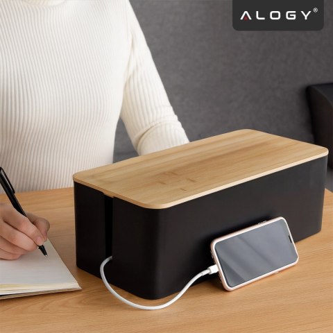 Organizer Pojemnik na Kable i Listwy, Pudełko Biurkowe i Podłogowe Rozmiar L, Estetyczne Wykończenie Drewno, Alogy CableBox™ - C